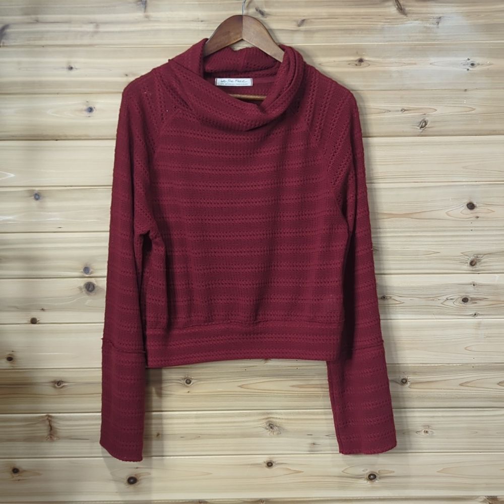 Free People‎ Sweater Womens Small Red Pointelle Knit Cropped Cowl Neck Boho